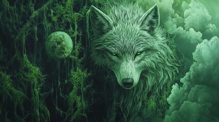 Obraz premium A mystical green wolf emerges from an enchanted forest, symbolizing strength and nature's beauty.