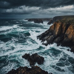 Obraz premium A dramatic seascape with jagged cliffs and stormy waves.