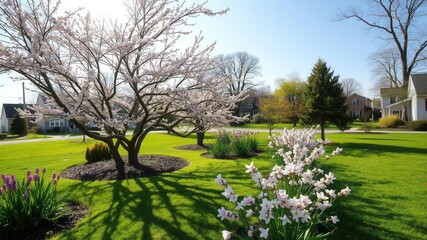 Obraz premium Bright morning with long shadows cast by houses on blooming lawns, spring, residential