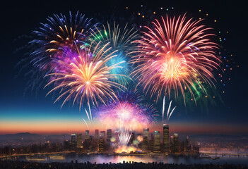 City skyline with colorful fireworks bursting over the horizon