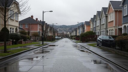 Obraz premium Cloudy morning with light drizzle creating puddles on suburban sidewalks, suburban, urban