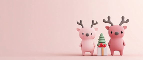 Adorable Pink Reindeer Figurines with Gift and Christmas Tree on Minimal Pastel Background. Festive Holiday Decor.
