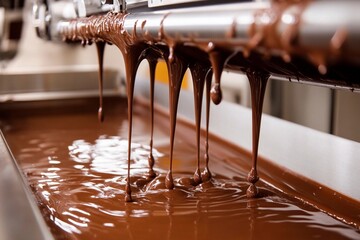 Silky chocolate flows from machinery in a bustling factory during production hours. Generative AI