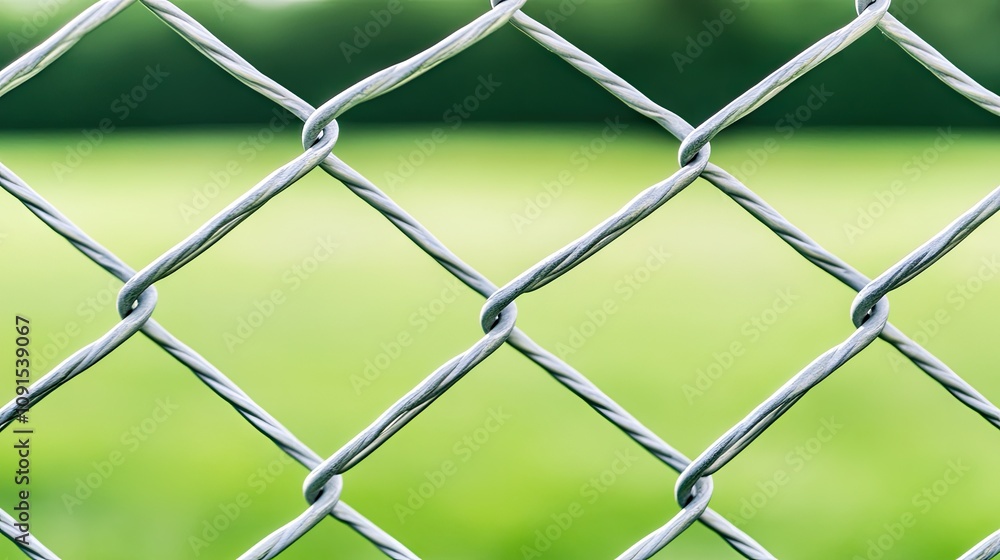 Poster chain link fence in vivid focus with blurred green backdrop showcasing depth and texture in urban en