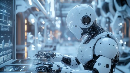 A white robot with a large, round head is seated at a computer with a blue screen displaying data. The robot's hands are visible, with mechanical joints, as it interacts with the computer.