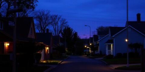 Fototapeta premium Cozy evening neighborhood lights warm glow ambiance comfort, neighborhood, dusk