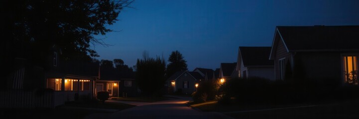 Cozy neighborhood scene with soft glowing lights in windows, neighborhood lights, street