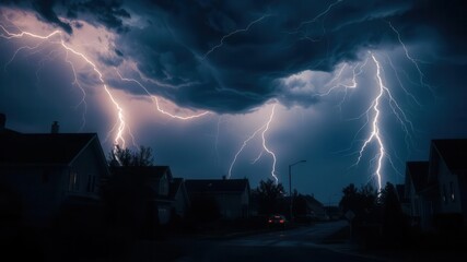 Dark and stormy night in neighborhood with lightning illuminating houses, illuminating, neighborhood