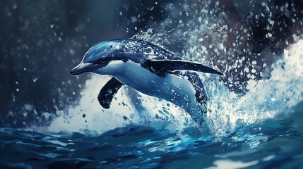 Fototapeta premium A playful dolphin leaps gracefully through the turquoise waters, creating splashes and showcasing its natural agility.
