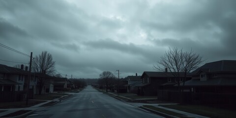 Eerie calm suburban neighborhood under overcast sky, ominous, silent