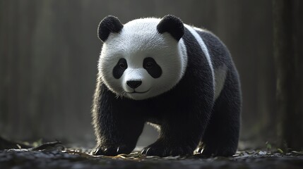 Obraz premium A playful panda wandering through a misty forest, showcasing its unique black and white fur in a tranquil setting.