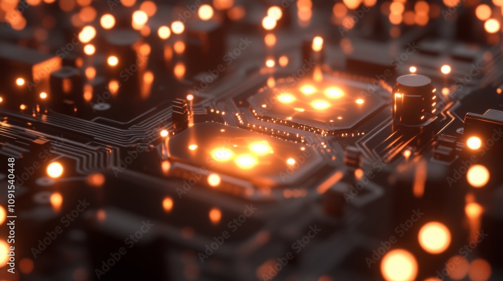 Poster a close-up view reveals a detailed circuit board with numerous glowing orange components.