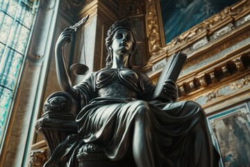 Fototapeta premium Majestic statue of themis, blindfolded goddess of justice, holding scales and a book, symbolizing law, order, and fairness, inside opulent palace of justice