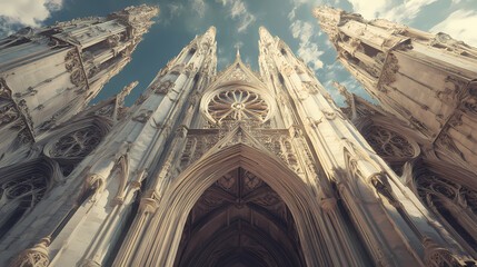 Naklejka premium A low-angle view of the intricate facade of a gothic cathedral with towering spires and a grand entrance. Gothic Cathedral Spires. Illustration