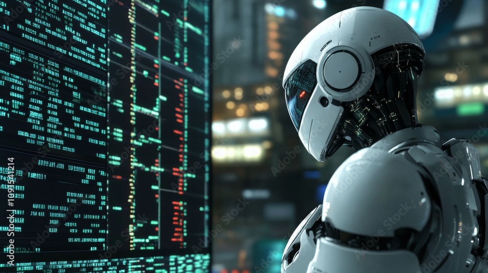 Poster A humanoid robot stands still, analyzing complex data on multiple illuminated screens in a bustling futuristic city at night.