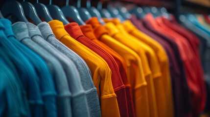 Naklejka premium Vibrant apparel on a clothing rack in a retail store close up view