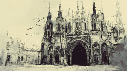 Fototapeta premium A detailed sketch of a gothic cathedral with multiple spires and a large central archway. Gothic Cathedral Spires. Illustration