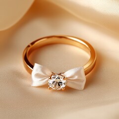 A beautiful golden ring adorned with a diamond and bow, perfect for symbolizing love and commitment.