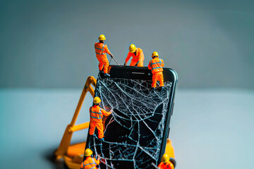 Little workers fixing the screen of a mobile phone
