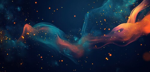 A deep navy blue abstract background with glowing orange smoke and glittering gold particles, interwoven with magenta and emerald acrylic paint in a luxurious underwater burst.