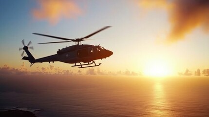 Dramatic Sunset Flight of a Seahawk Helicopter