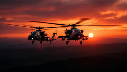 Two attack helicopters flying in formation against a dramatic sunset sky, conveying power and precision.

