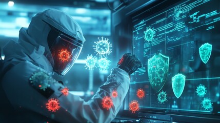A scientist in a protective suit interacts with a large digital screen displaying virus models and cybersecurity shields.