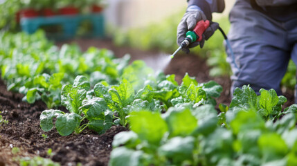 Naklejka premium Person Spraying Water on Fresh Green Spinach Plants in a Home Garden for Sustainable Agriculture and Healthy Eating Lifestyle