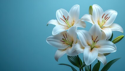 Three white flowers are in a vase on a blue background