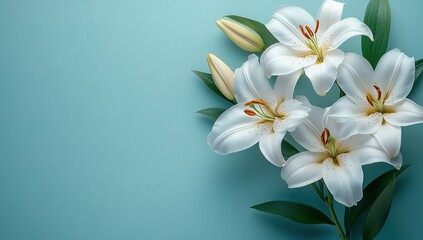 Obraz premium A bouquet of white flowers is displayed on a blue background