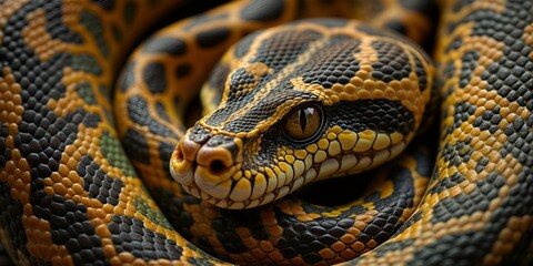 Fototapeta premium Close-Up Portrait of a Vibrant Colored Python Coiled Up