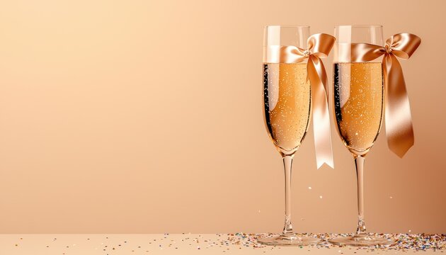 Elegant champagne glasses adorned with ribbons on a soft, warm background, perfect for celebrations.