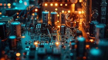 Fototapeta premium Close-up of a circuit board with glowing lights, showcasing intricate details and electronic components.
