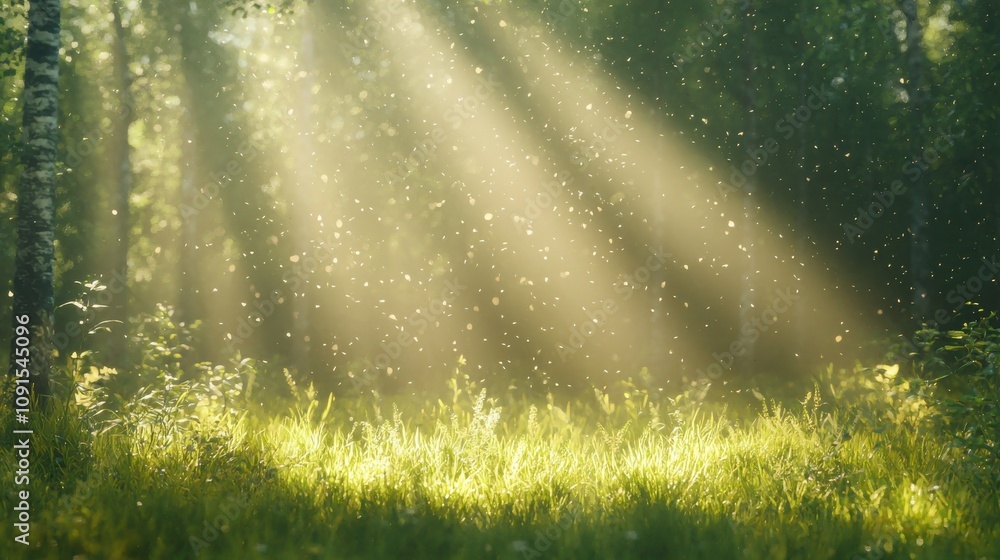 Poster sunlight filtering through trees forest clearing nature serene atmosphere soft focus tranquility