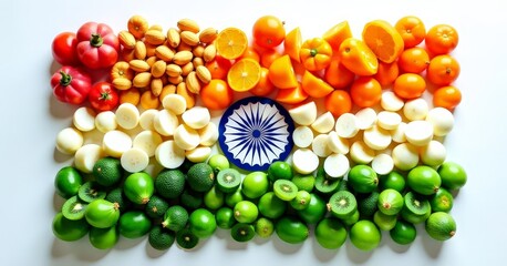 Colorful Arrangement of Fruits and Vegetables Representing the Indian Flag