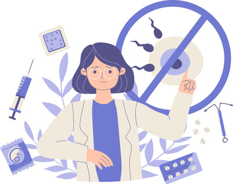Hand drawing Illustration of a healthcare professional surrounded by various birth control methods