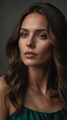 Naklejka premium Closeup portrait of an elegant woman with wavy hair wearing a green satin dress.