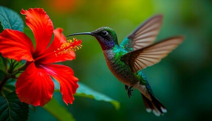 A single hummingbird hovering near a vibrant red hibiscus flower