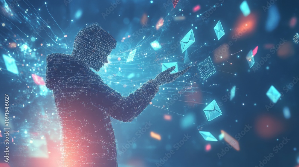 Poster A figure shrouded in shadow interacts with vibrant holographic email icons in a captivating digital universe, showcasing the fusion of technology and communication in a futuristic setting.