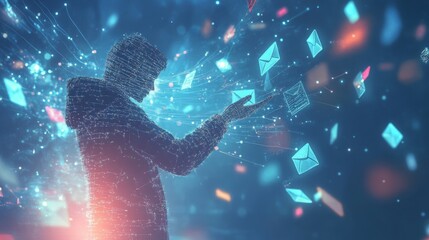A figure shrouded in shadow interacts with vibrant holographic email icons in a captivating digital universe, showcasing the fusion of technology and communication in a futuristic setting.