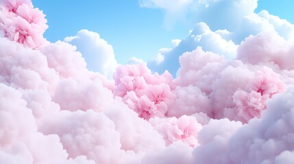 Fototapeta premium A serene landscape of pink flowers nestled among soft, fluffy clouds against a bright blue sky, Ideal for themes of tranquility, nature, and beauty in marketing materials or personal projects,