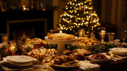 Fototapeta premium Festive Christmas Eve Dinner Table Setting With Delicious Food