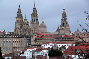 Fototapeta premium Photo of a view of the Cathedral of Saint James (Catedral de Santiago de Compostela) in the historic center of the city of Santiago de Compostela in the region of La Coruna, in northern Spain