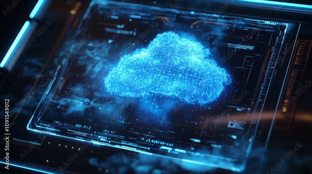Poster a vibrant digital representation of a cloud icon appears illuminated in blue, featuring intricate ho