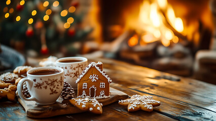 A rustic table filled with gingerbread houses, Christmas cookies, and hot chocolate near a cozy fireplace in golden lighting.