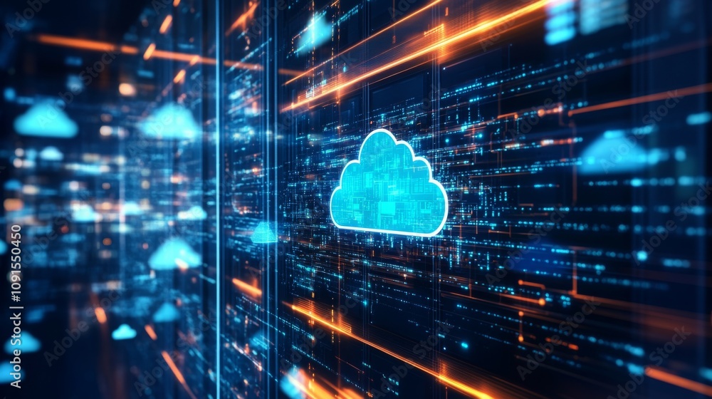 Aufkleber a digital image depicting a glowing blue cloud icon in front of a dark background filled with light 