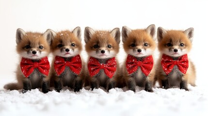 Obraz premium Adorable fox cubs wearing red bows in snowy setting