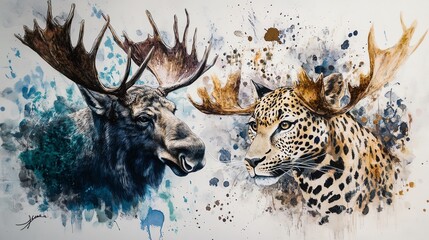 Obraz premium A stunning artistic depiction of a moose and leopard showcasing their unique features and vibrant colors.