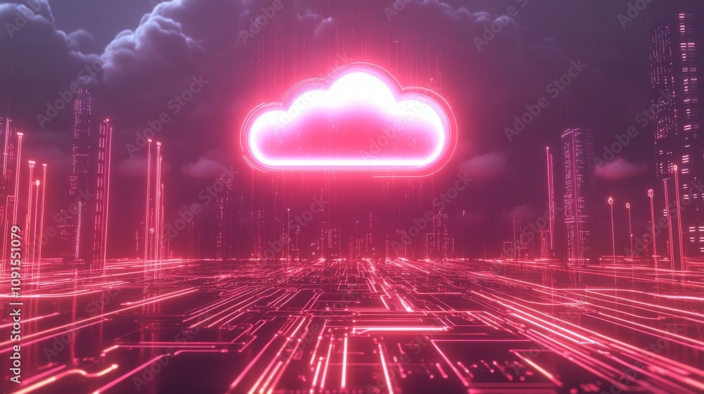 Poster A vibrant digital landscape showcases a large neon cloud symbol hovering above intricate circuit patterns.