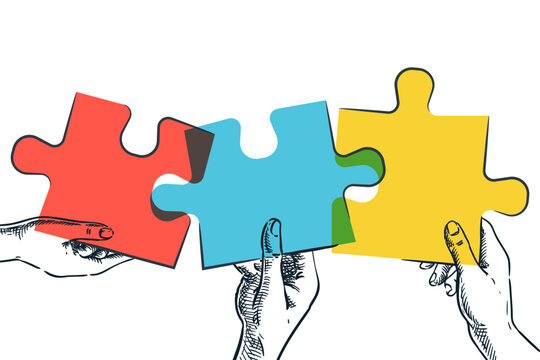 Hands holding colorful pieces of puzzle. Vector hand drawn sketch design. Teamwork, partnership infographic concept